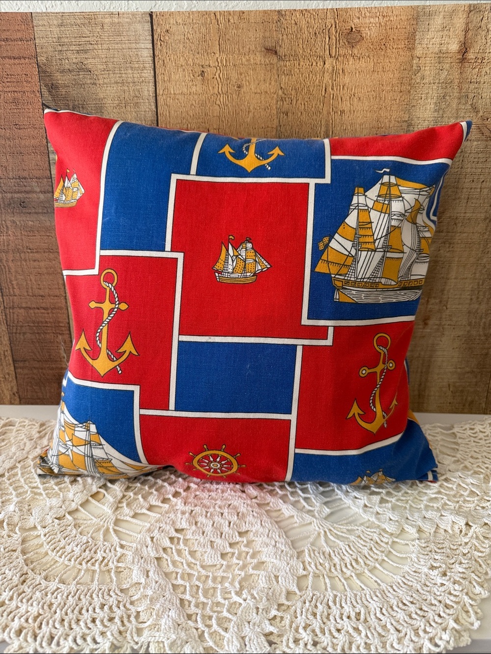 VTG Nautical Anchor & Ship Red and Blue Decorative Throw Pillow Cover